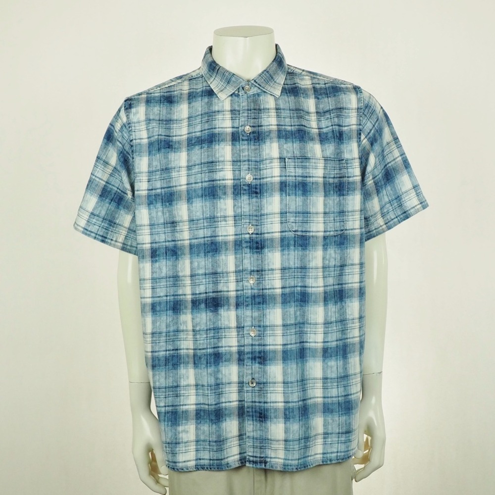 Tommy Bahama Button Down Shirt Mens XL Indigo Blue Plaid Cotton Camp Tropical
